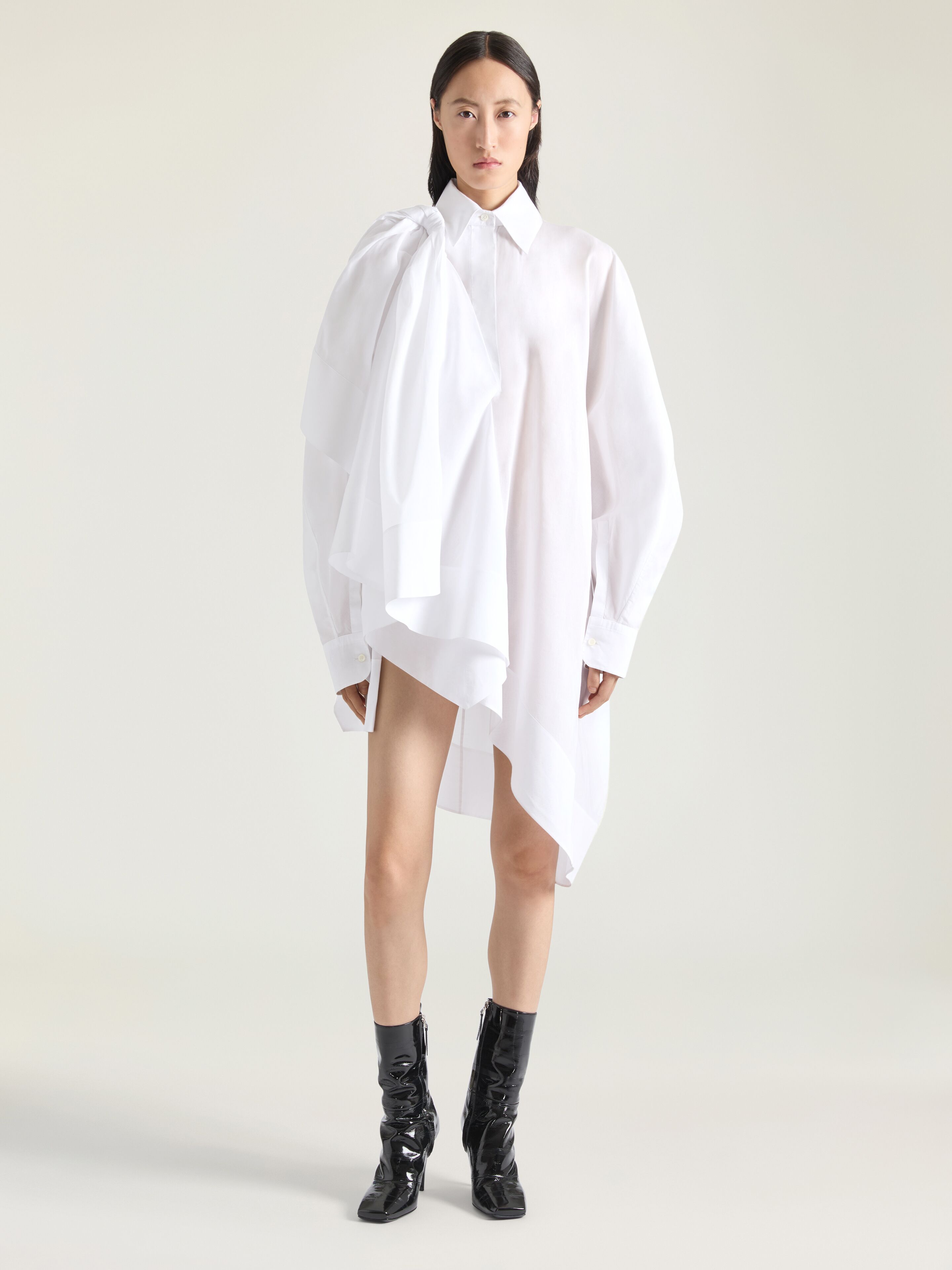 Asymmetric shirt dress in cotton with bow detail